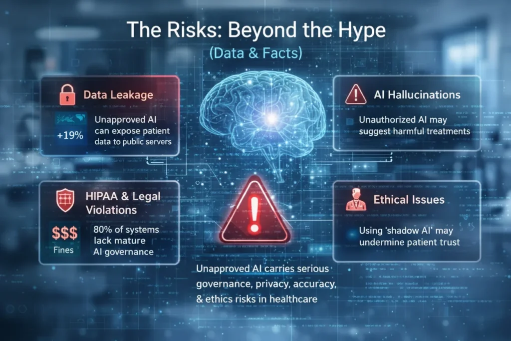 The image below highlights the most critical data-backed risks of Shadow AI in healthcare, based on real-world findings and 2026 trends.